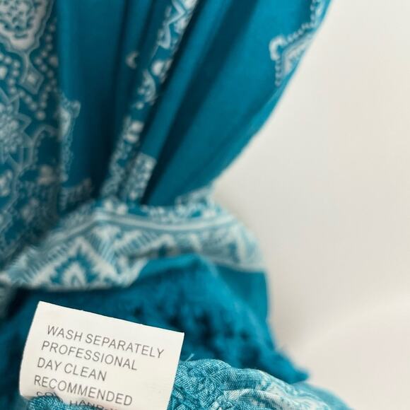 Jaase Womens Mini Dress Medium Teal Blue Tasseled Hem Ruffle Western Bohemian - Picture 9 of 11